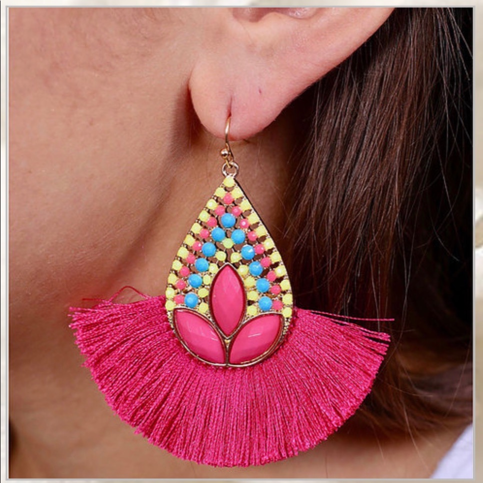 Caroline Hill Earings Hot Pink Dangle Fringed Fan